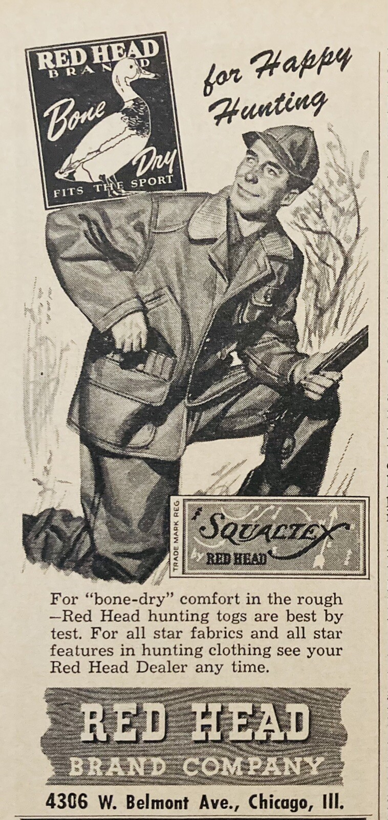1950 AD.(XH57)~RED HEAD BRAND CO. CHICAGO. RED HEAD BRAND BONE DRY HUNTING TOGS
