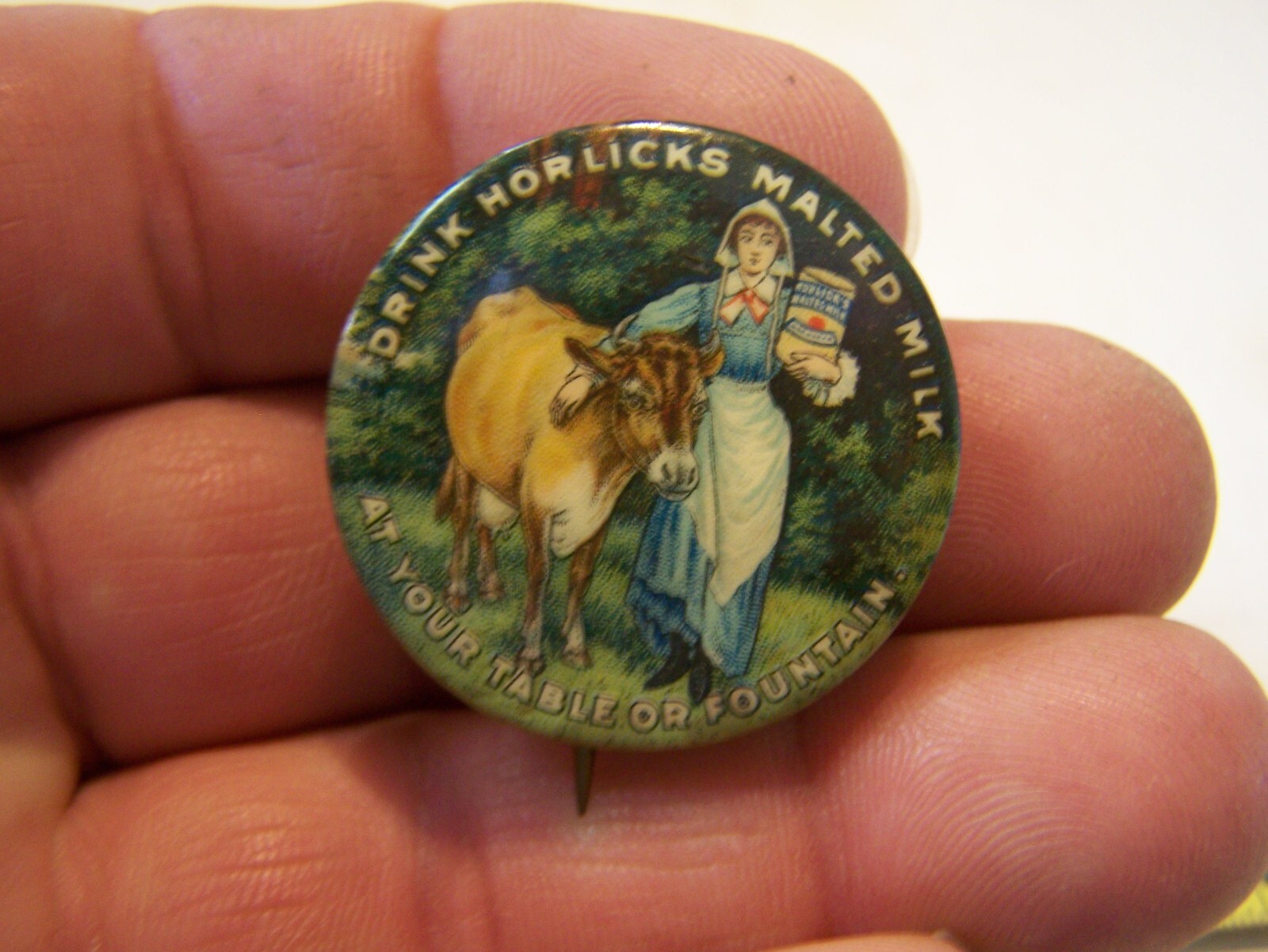 HORLICK’S MALTED MILK Celluloid Pinback Farm Dairy Jersey Cow Whitehead Hoag