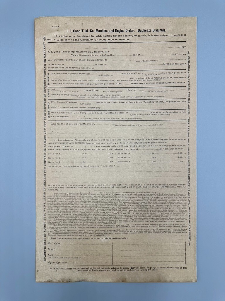 1897 J I CASE THRESHING Co Machine Engine Order Form ANTIQUE FARM ADVERTISING