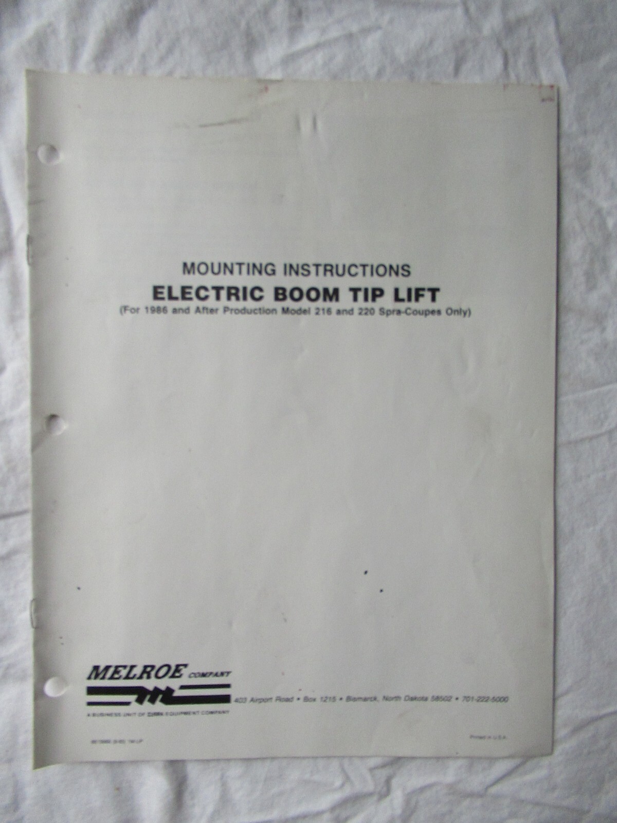 Melroe Spra-Coupe 216 220 Electric Boom Tip Lift Mounting Instructions Manual