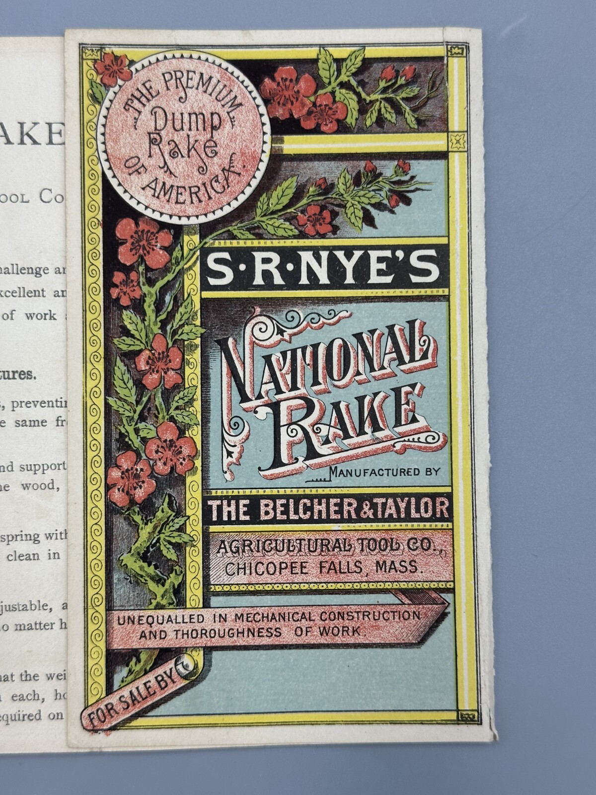 1880s SR NYE’s Rake Victorian FARM Advertising Fold Trade Card CHICOPEE FALLS MA