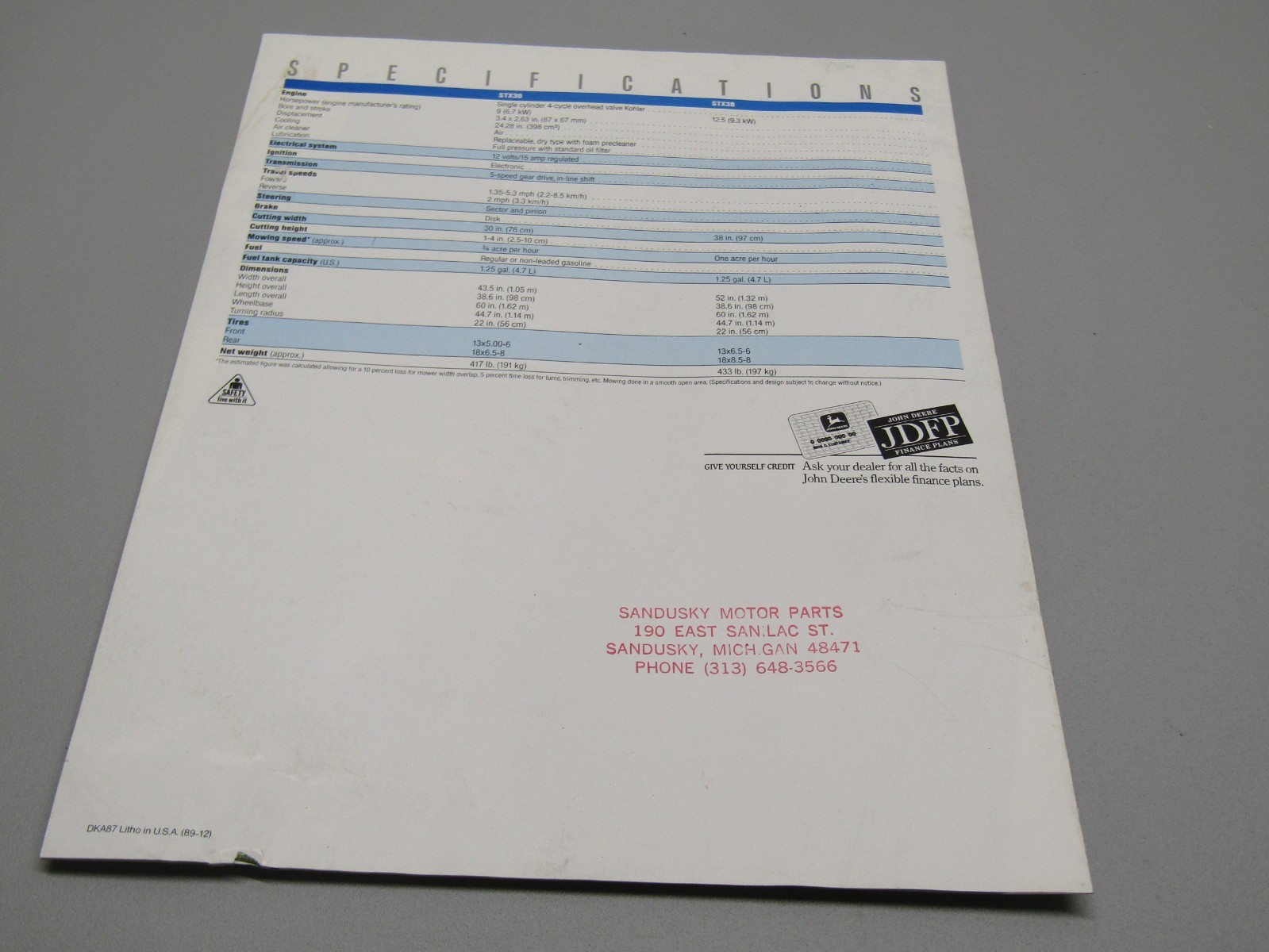 JOHN DEERE SUBURBAN TRACTORS STX30 STX38 DEALER SALES BROCHURE UNKNOWN YEAR