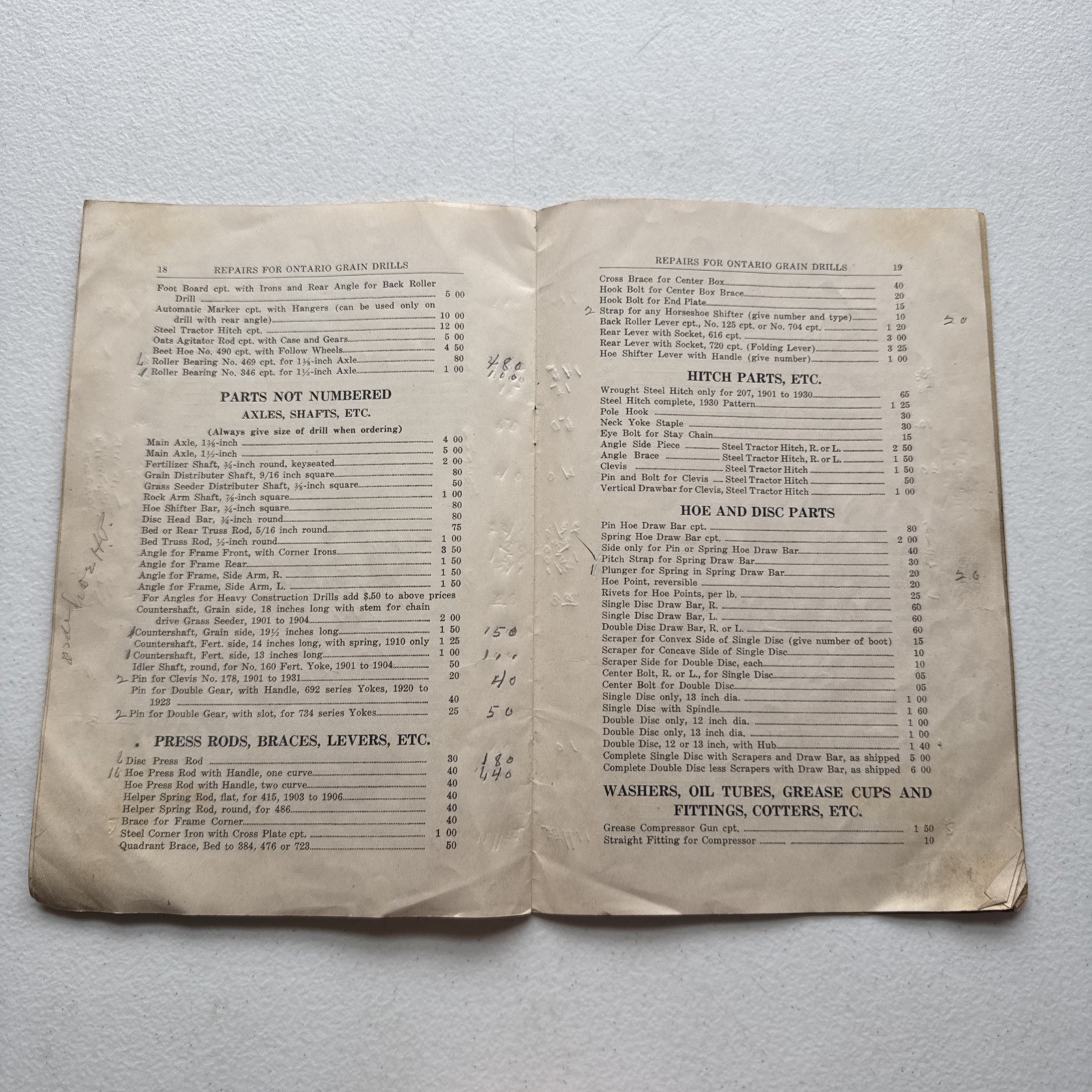 Ontario Drill Co. No. 39 Grain Drills Price List Of Repairs East Rochester, NY