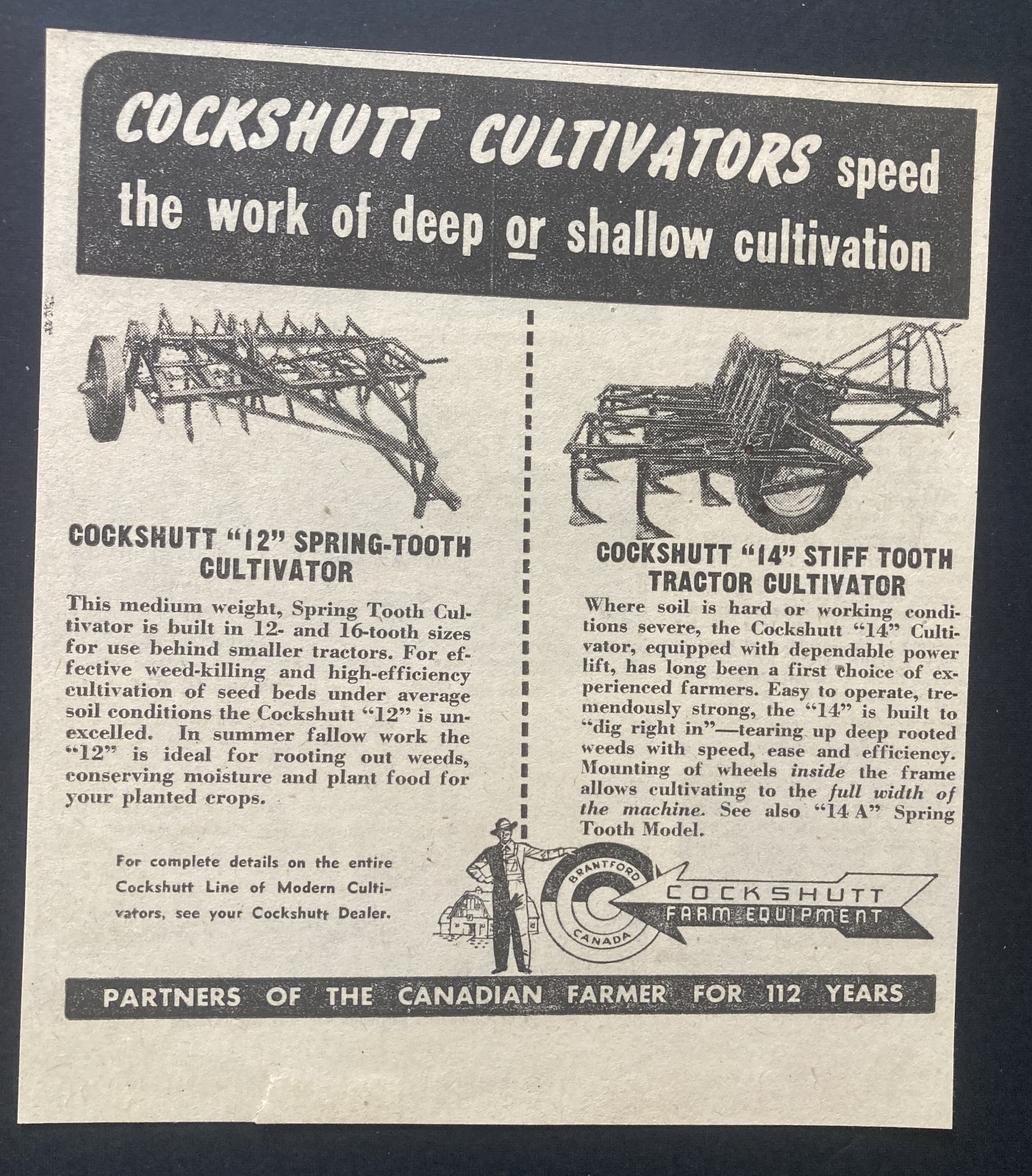 1951 CANADIAN COCKSHUTT TRACTOR AD CANADA MODEL 12 CULTIVATOR 14