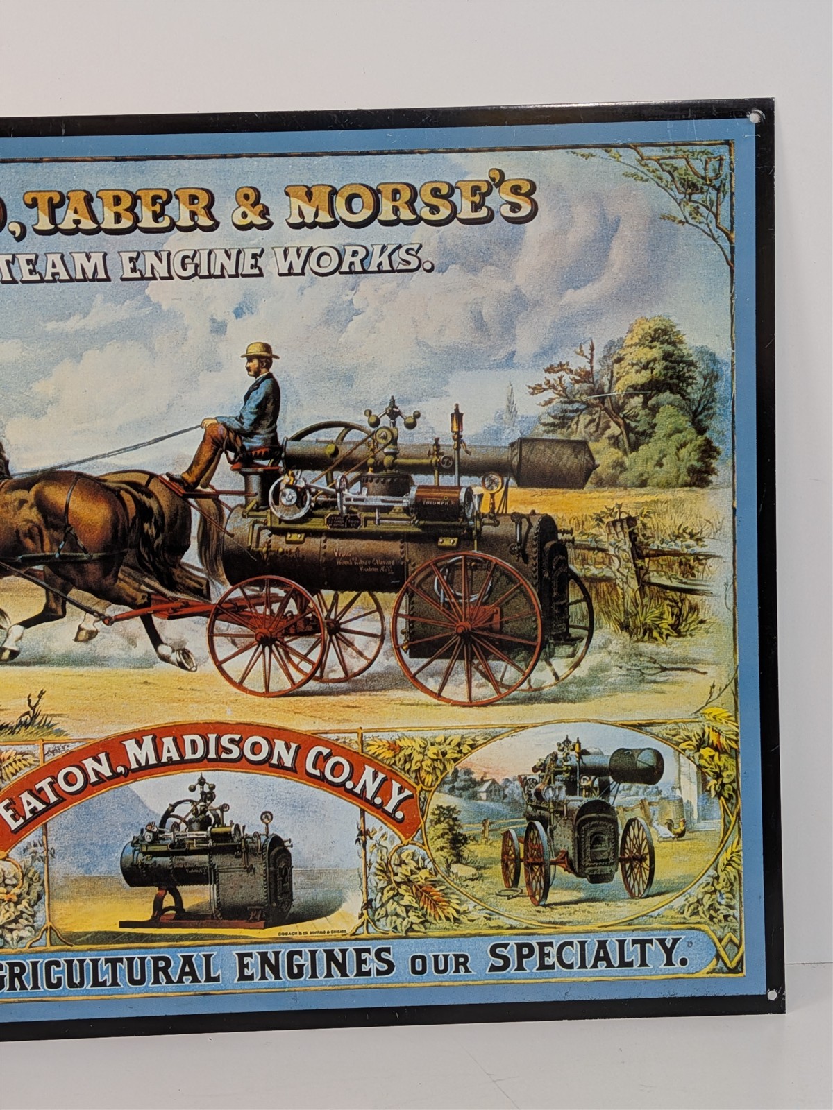 Wood, Taber & Morse’s Steam Engine Works 14-7/8″ Tin Sign Repro