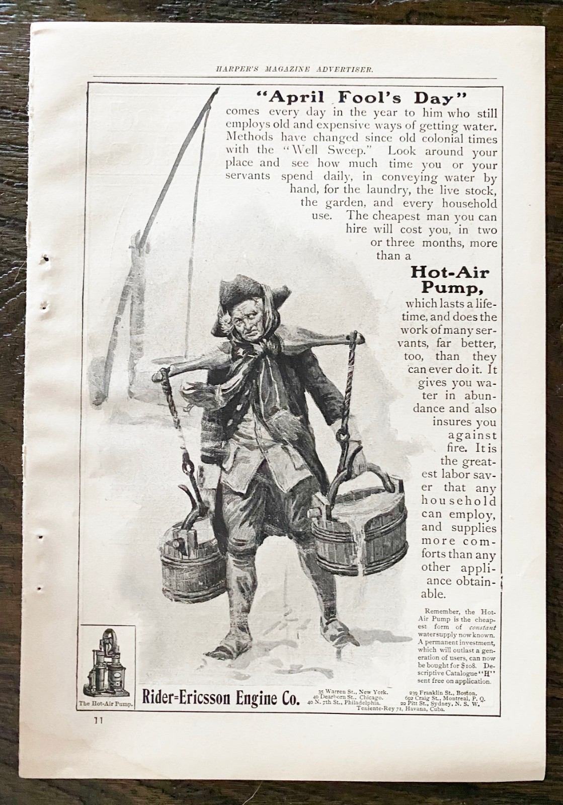 Colonial Man Well Sweep Fool RIDER-ERICSSON Hot Air Pump Engine Co 1903 Print Ad