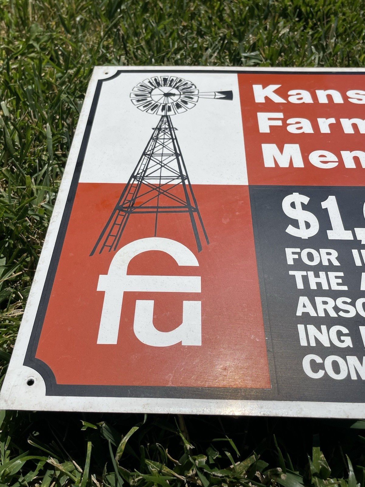NICE VINTAGE 1970s KANSAS FARMERS UNION METAL WARNING REWARD AG SIGN 18×12″