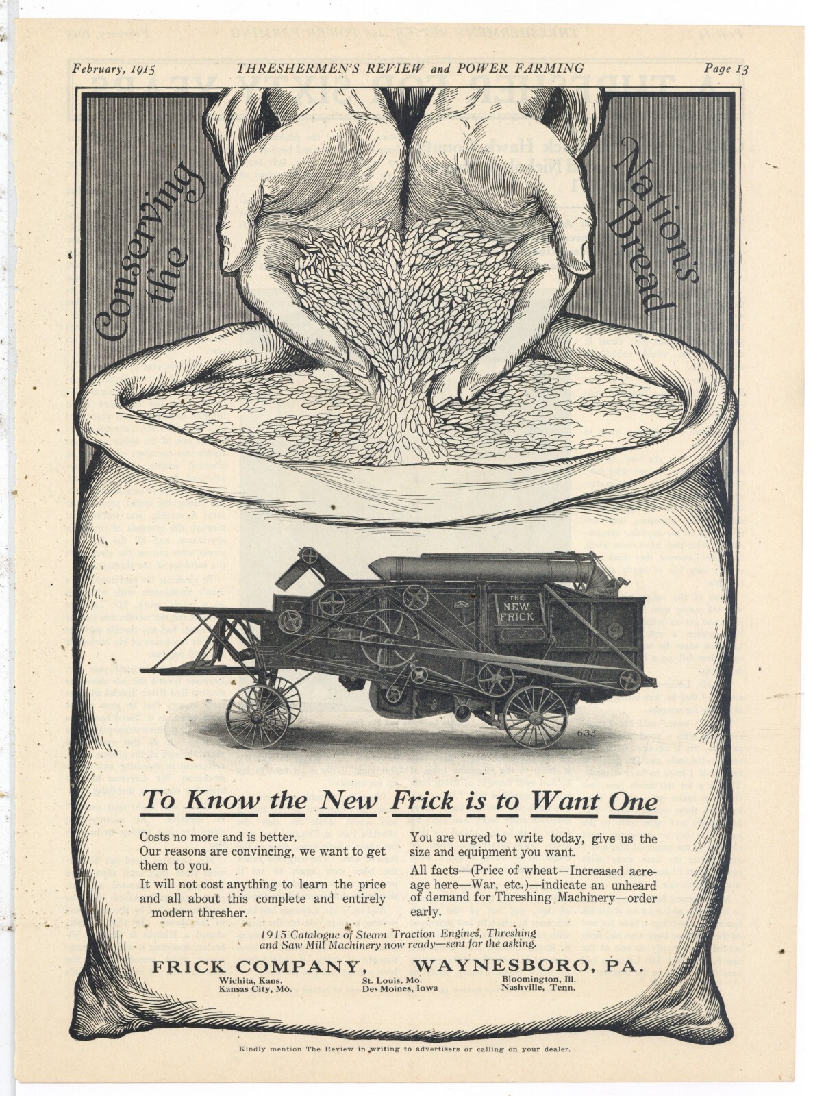 1915 Frick Co. Ad: The NEW FRICK Thresher – Conserving the Nation’s Bread, WW1