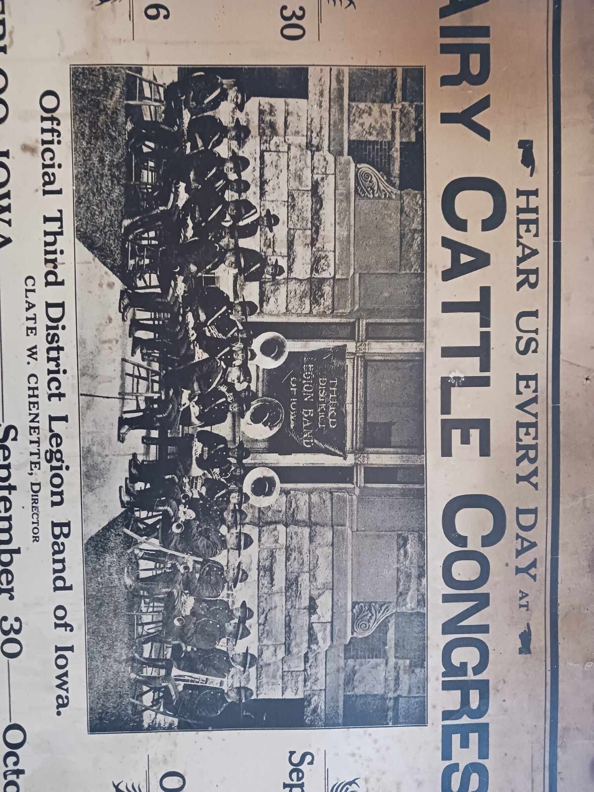 1925 DAIRY CATTLE CONGRESS POSTER SIGN LEGION BAND WATERLOO ACKLEY IOWA 22″ X 14