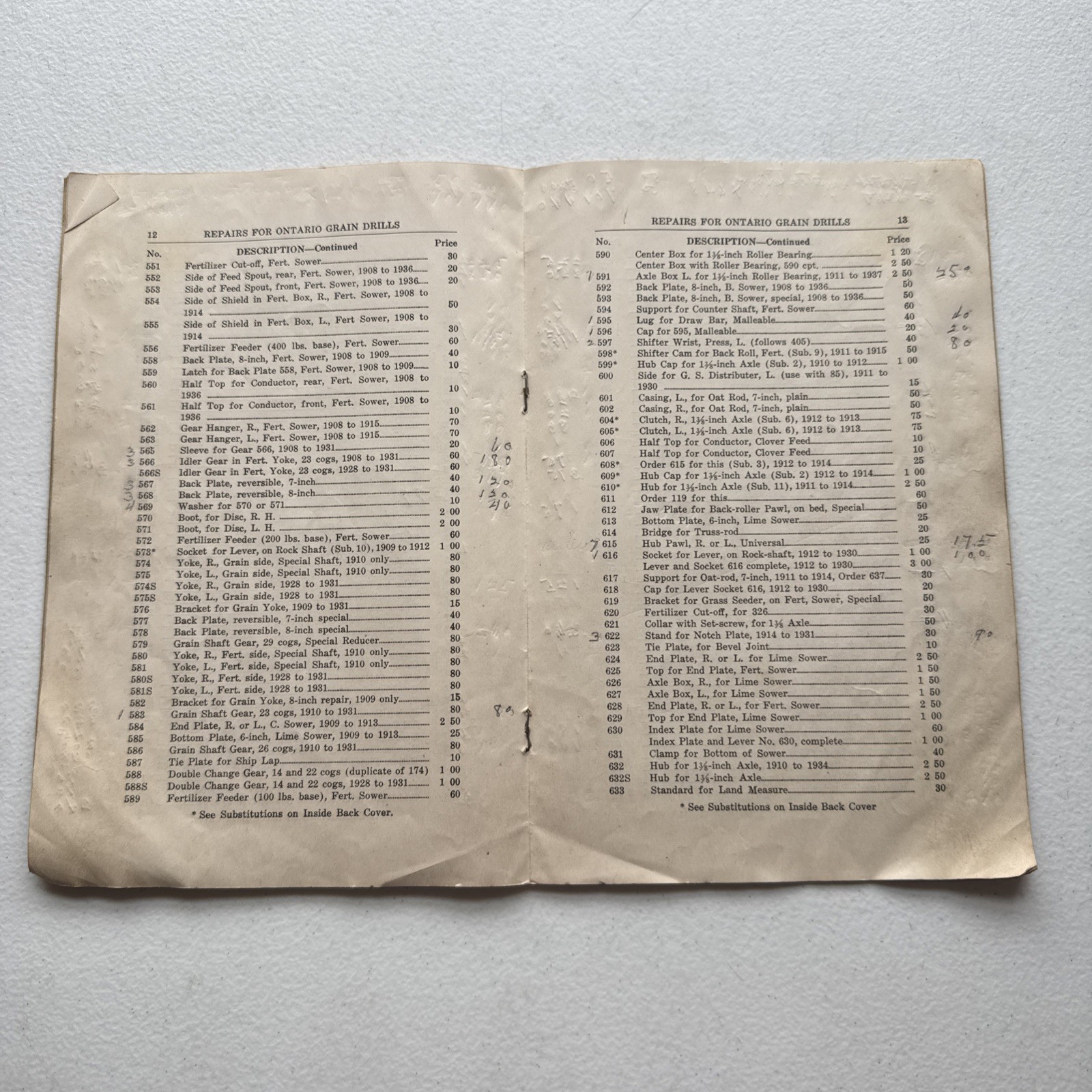 Ontario Drill Co. No. 39 Grain Drills Price List Of Repairs East Rochester, NY