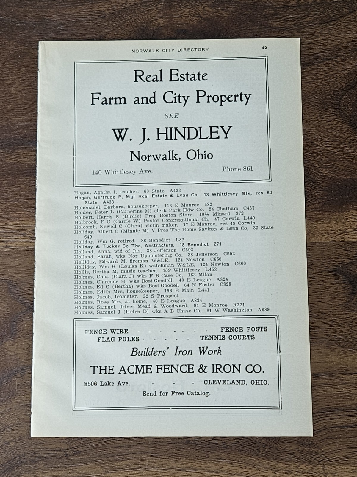 Antique Farm Real Estate Ad Hindley Acme Fence Iron 1922 Norwalk Cleveland Ohio
