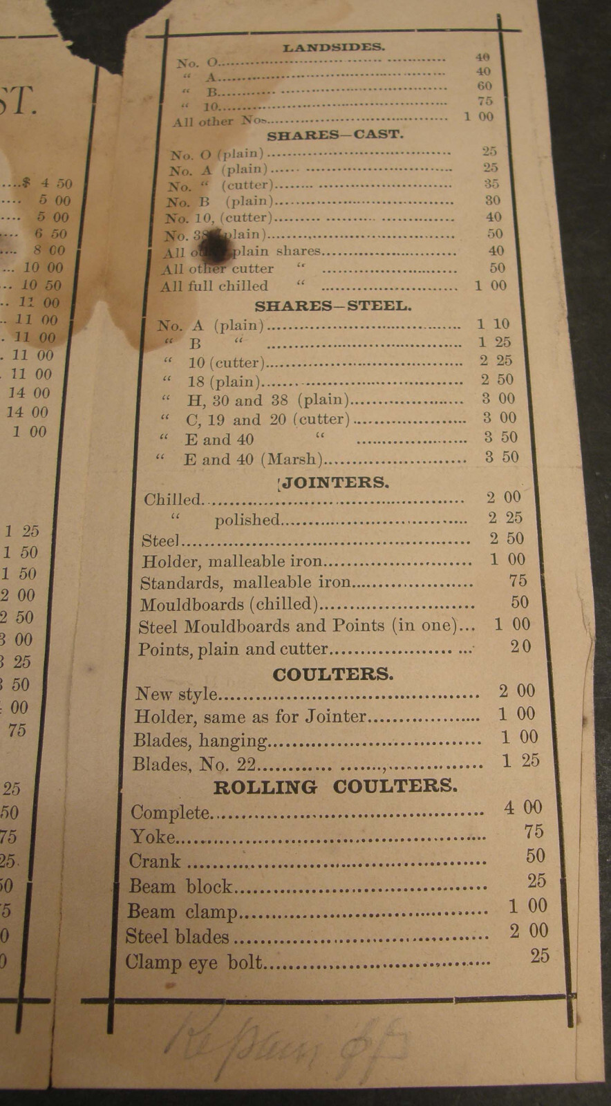 ANTIQUE 1883 PRICE LIST OLIVER AGRICULTURAL PLOW WORKS SOUTH BEND INDIANA