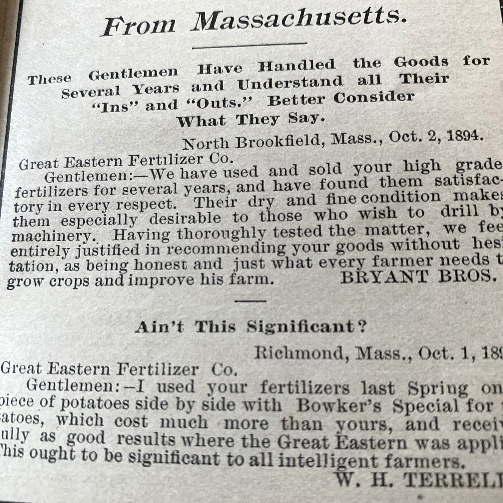 Great Eastern Fertilizer Co. Sales Office Pocket calendar 1895 SC illustrated