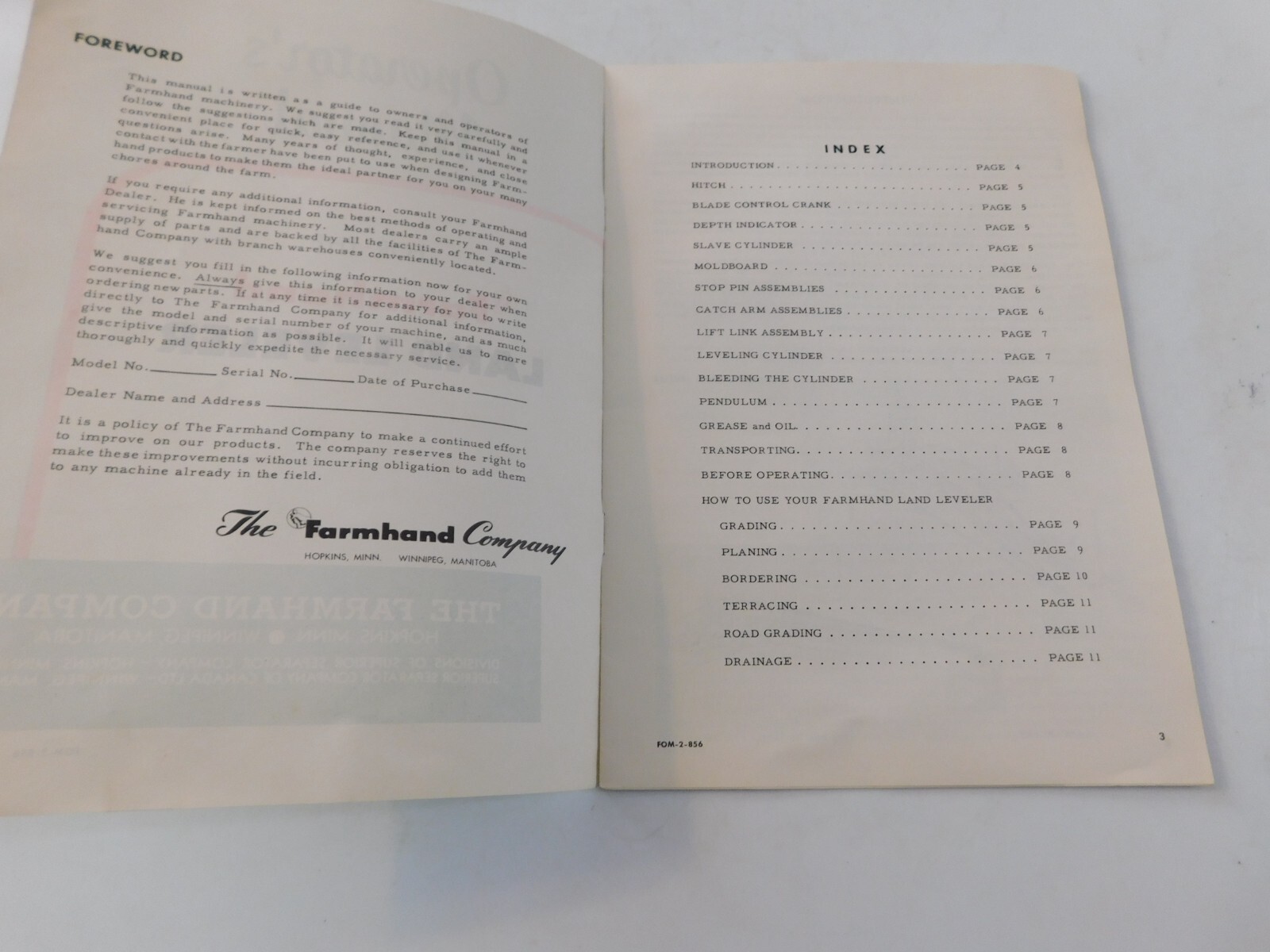 1956 FARMHAND LAND LEVELER OPEERATOR’S MANUAL VG CLEAN NO TEARS
