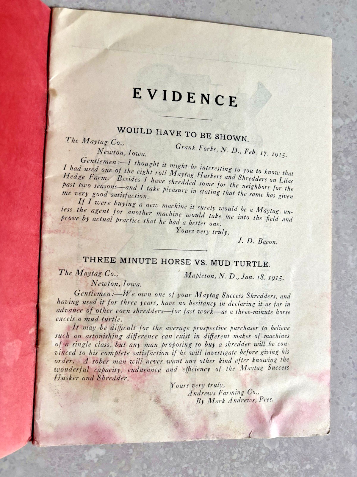 1915 Advertising Brochure Evidence Maytag Husker & Shredder Testimonials