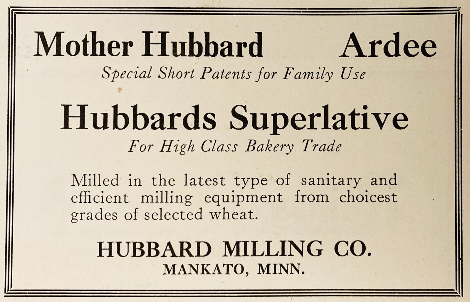 1919 AD.(PC9)~HUBBARD MILLING CO. MANKATO, MINN. MOTHER HUBBARD BRAND FLOUR