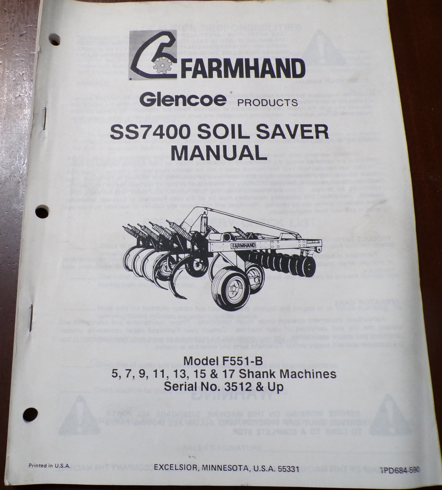 Farmhand SS7400 Soil Saver, model F551-B Operator’s/Parts Manual 1990