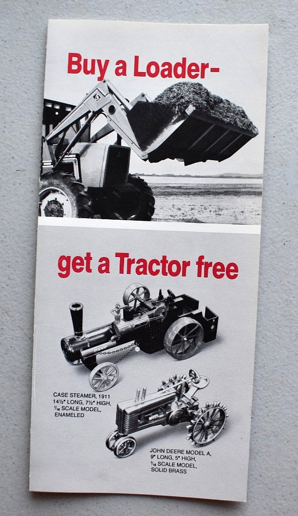 Farmhand Loader Vintage 1980’s BROCHURE Showing Scale Model Tractors JD, Case