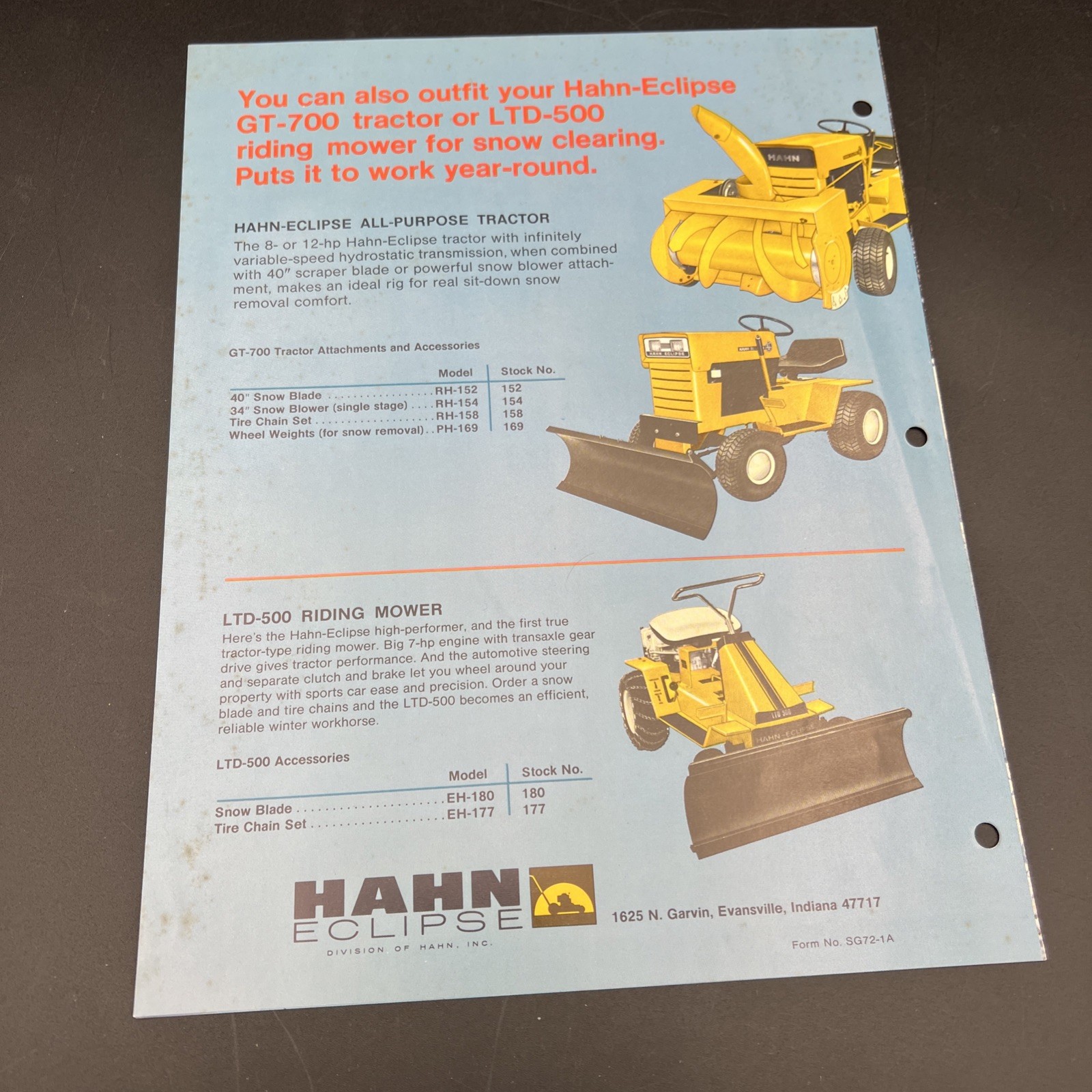 Vtg Original Hahn Eclipse Snow Giant Walk-Behind Snow Thrower Brochure