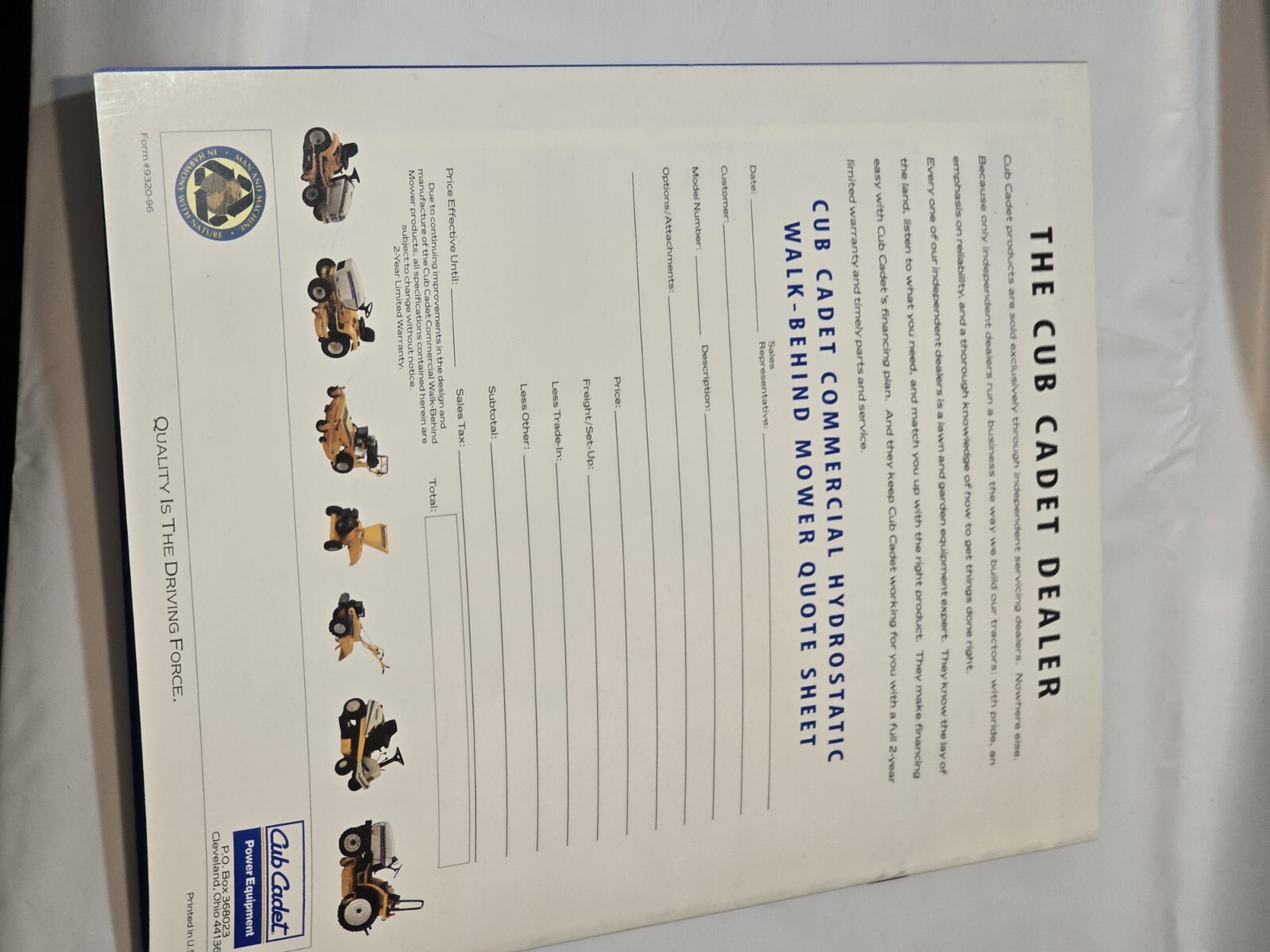 1996 Cub Cadet Ad Brochure Commercial Walk Behind Mowers Equipment Specs