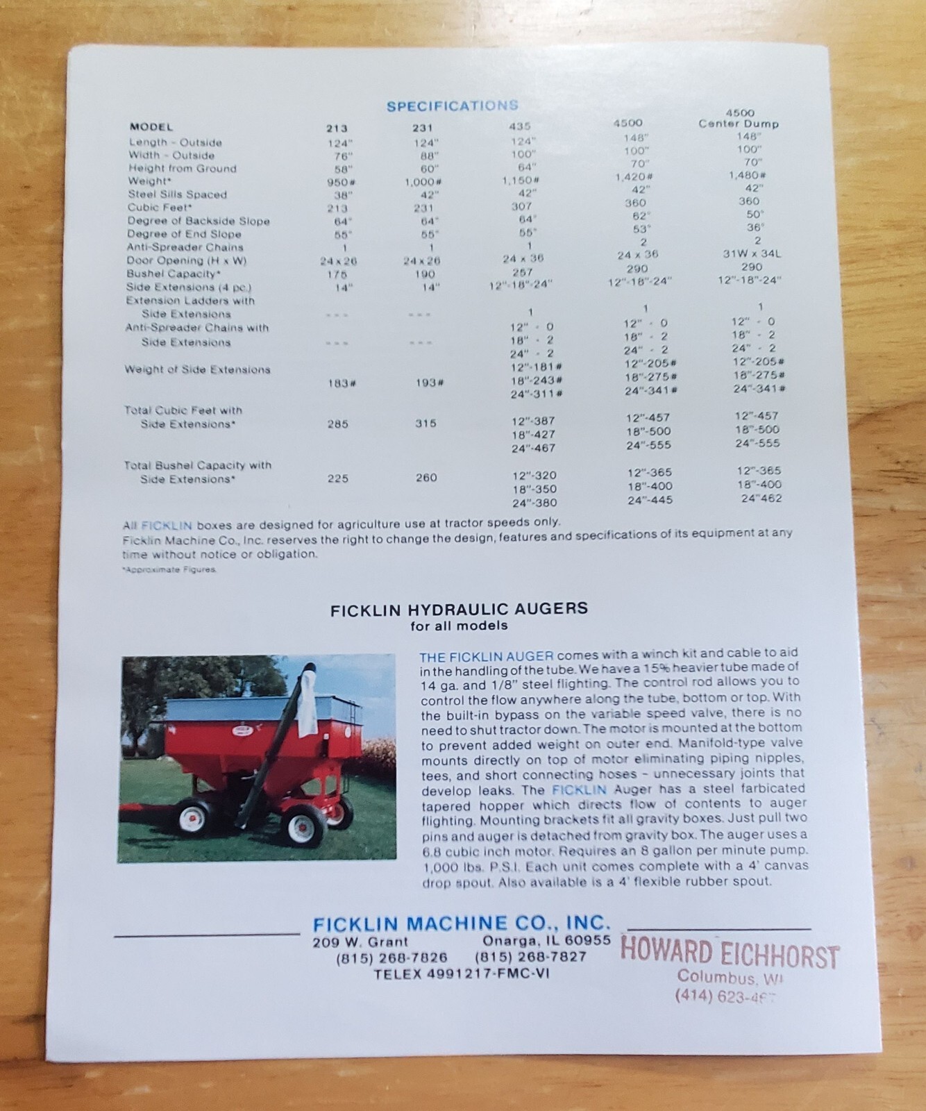 Ficklin Gravity Boxes Models 4500 435 231 213 Sales Pamphlet Brochure Specs