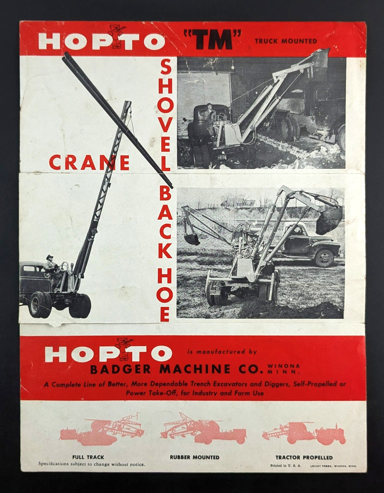 Vintage Badger Machine Company Brochure Hopto Digger Shovel Crane 1950s