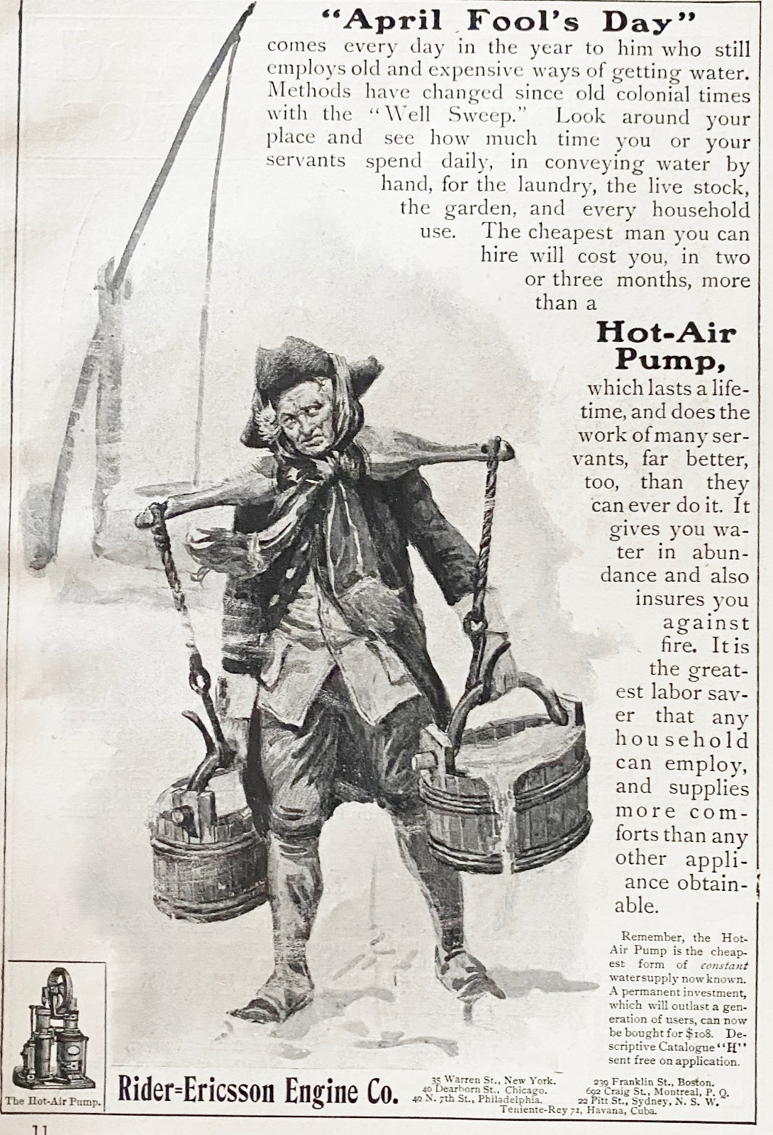 Colonial Man Well Sweep Fool RIDER-ERICSSON Hot Air Pump Engine Co 1903 Print Ad