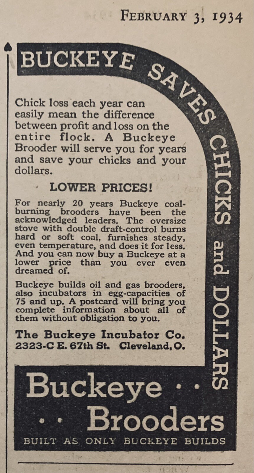 1934 AD.(XH51)~BUCKEYE INCUBATOR CO. CLEVELAND, OHIO. BUCKEYE BROODER