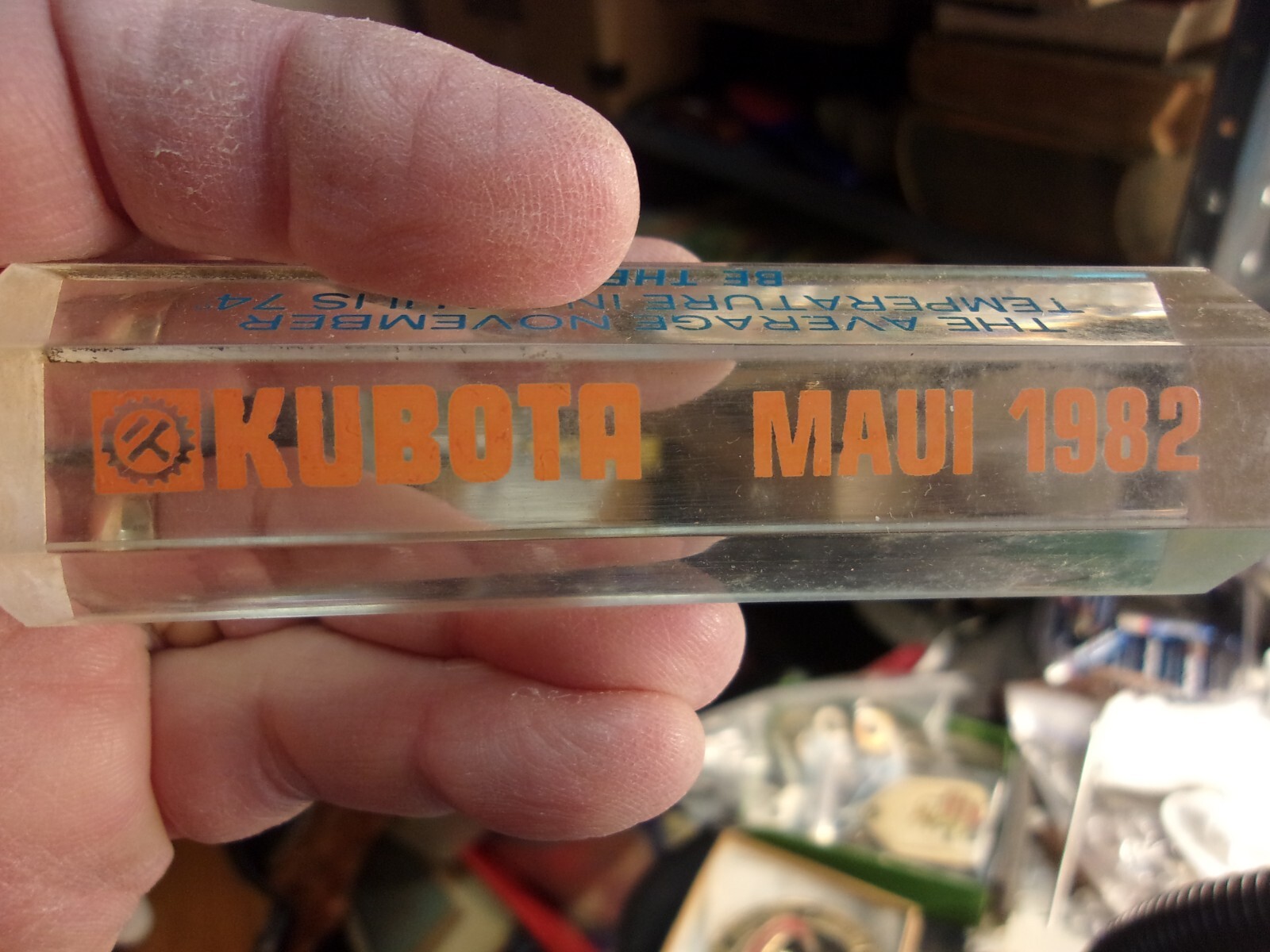 NEAT OLD VTG ACRYLIC? SALES CONTEST(?) PAPERWEIGHT “KUBOTA (TRACTORS) MAUI 1982”