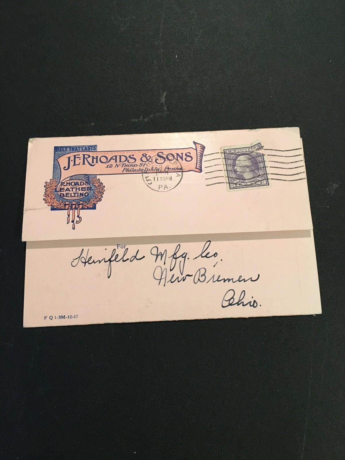 Lot Of 2 Rhoads & Sons Leather Belting Postal Ads Stamp Philadelphia