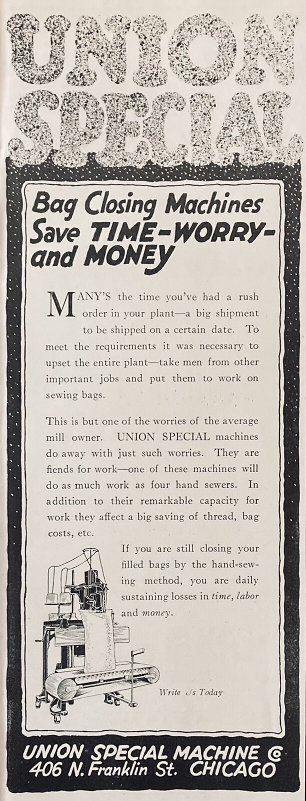 1919 AD.(XH23)~UNION SPECIAL MACHINE CO. CHICAGO. FLOUR BAG CLOSING MACHINE