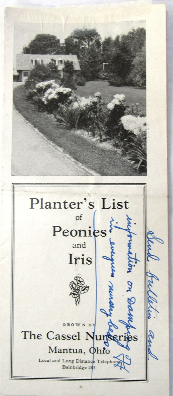 c1920 Planter’s List Peonies Iris FLowers Cassel Nurseries Mantua Ohio Ad Order