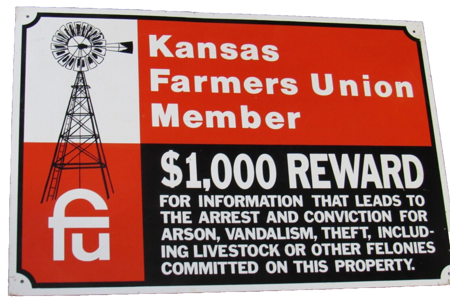 VTG 18″ x 12″ KANSAS FARMERS UNION MEMBER $ 1000 REWARD Metal Sign Agriculture