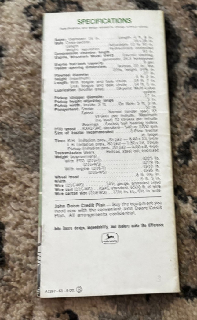John Deere 216 Baler For 1963 Brochure DCPA26