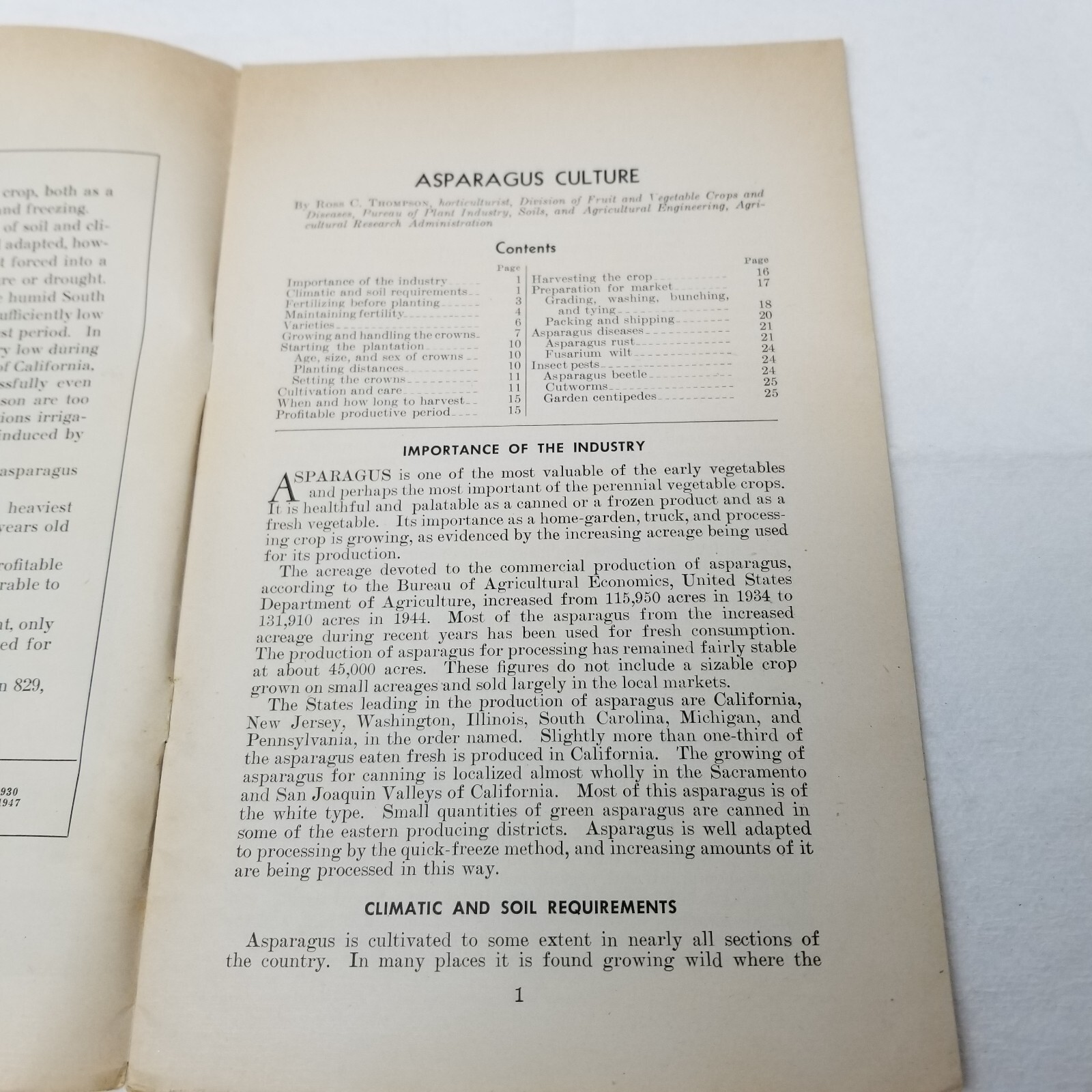 Asparagus Growing Culture 1947 Farmers’ Bulletin Booklet 1646 USDA Photos Charts