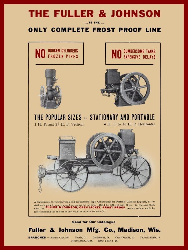 1908 Fuller & Johnson FROSTPROOF Line Gas Engines Madison NEW METAL SIGN: 12×16″
