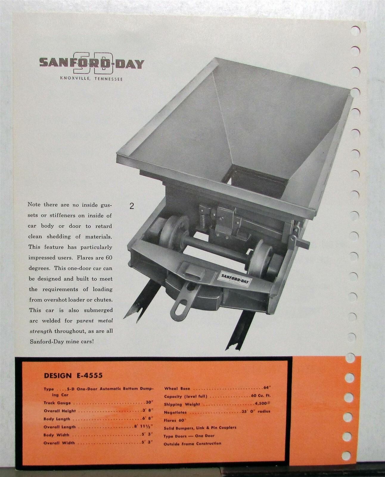 1955-1965 Sanford Day E-4555 Auto Bottom Dumping Construction Sales Data Sheet