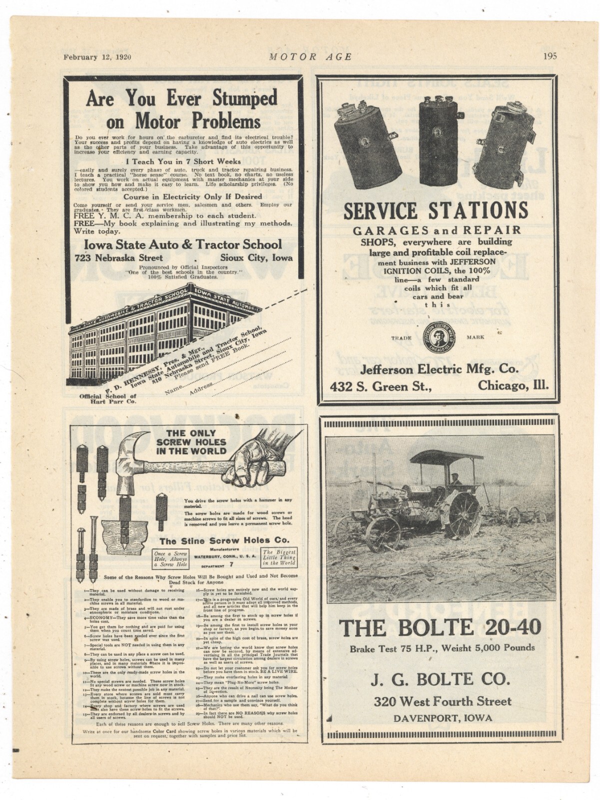 1920 J.G. Bolte Co Ad: The Bolte 20-40 Tractor, 320 W. Fourth St. Davenport IOWA