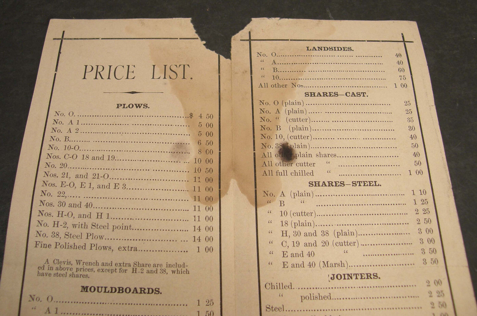 ANTIQUE 1883 PRICE LIST OLIVER AGRICULTURAL PLOW WORKS SOUTH BEND INDIANA