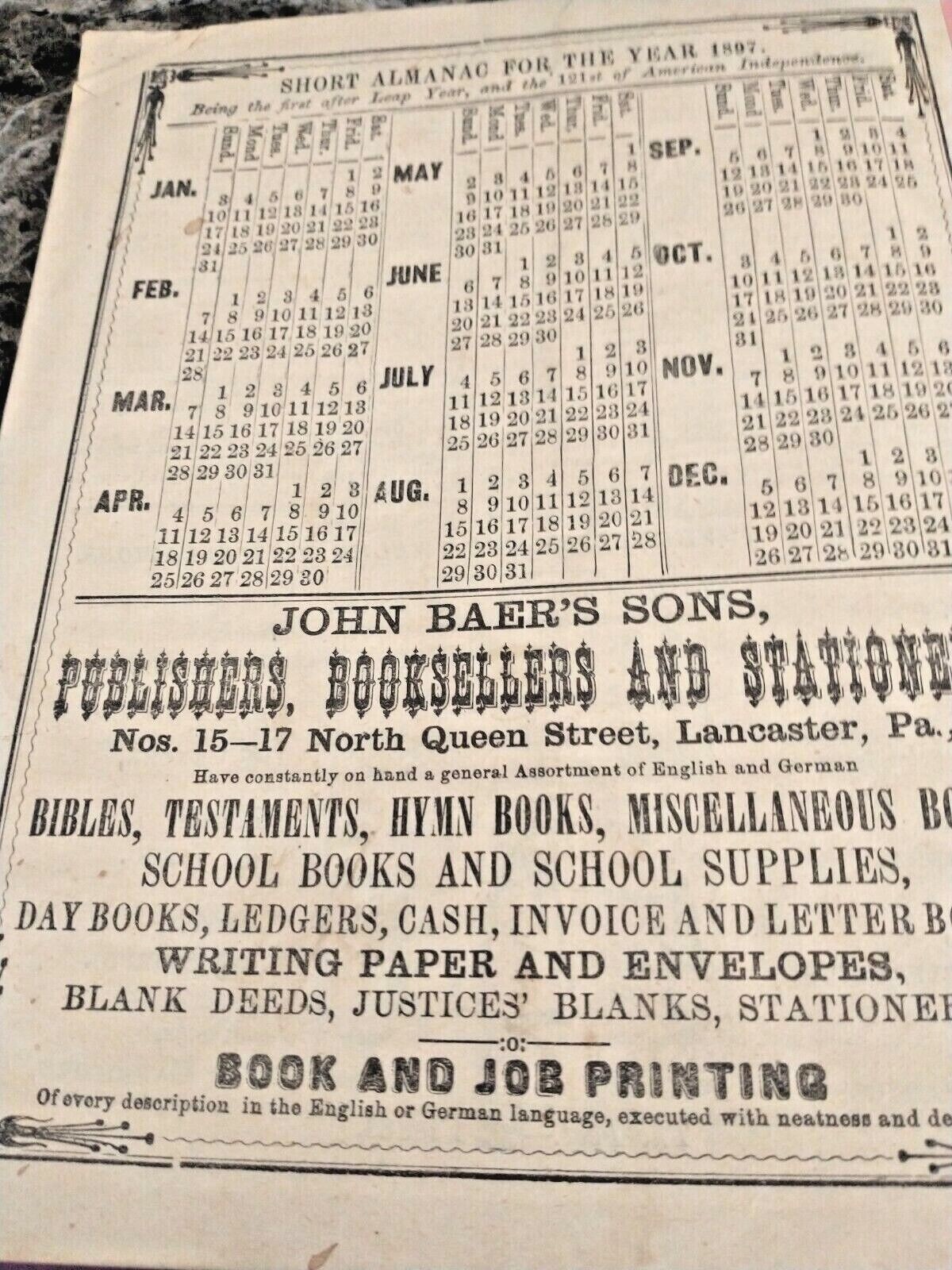1897 Agricultural Almanac Lancaster Pennsylvania/John Baer’s Sons