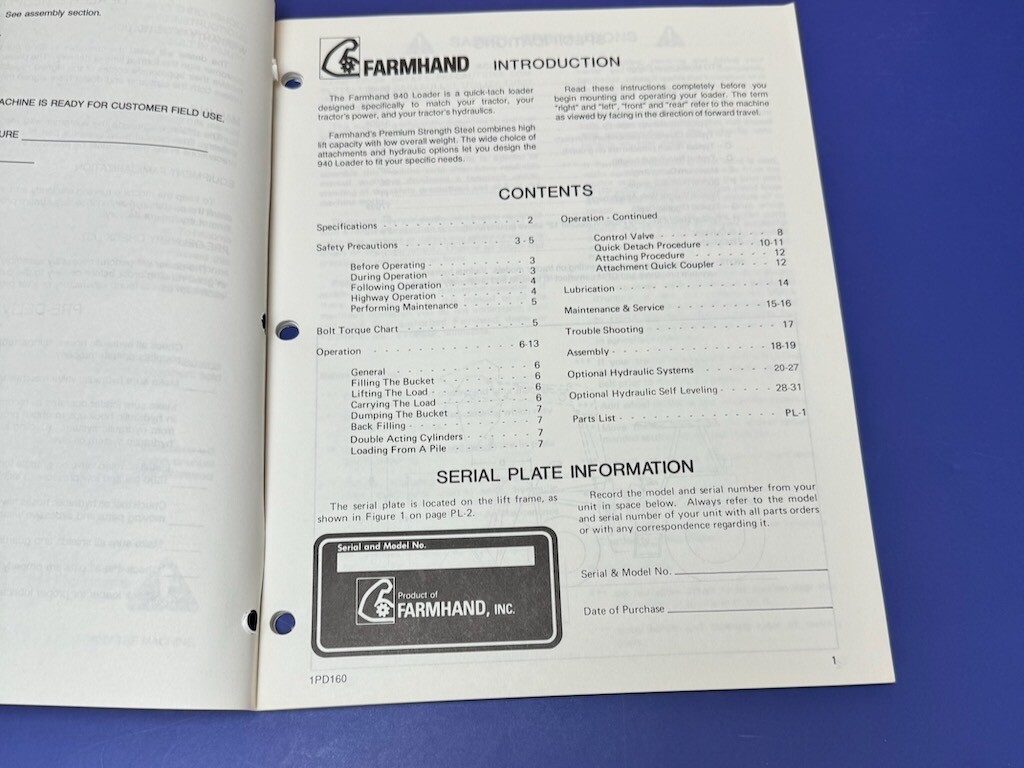 Farmhand XL940 Loader Operator’s & Parts Manual