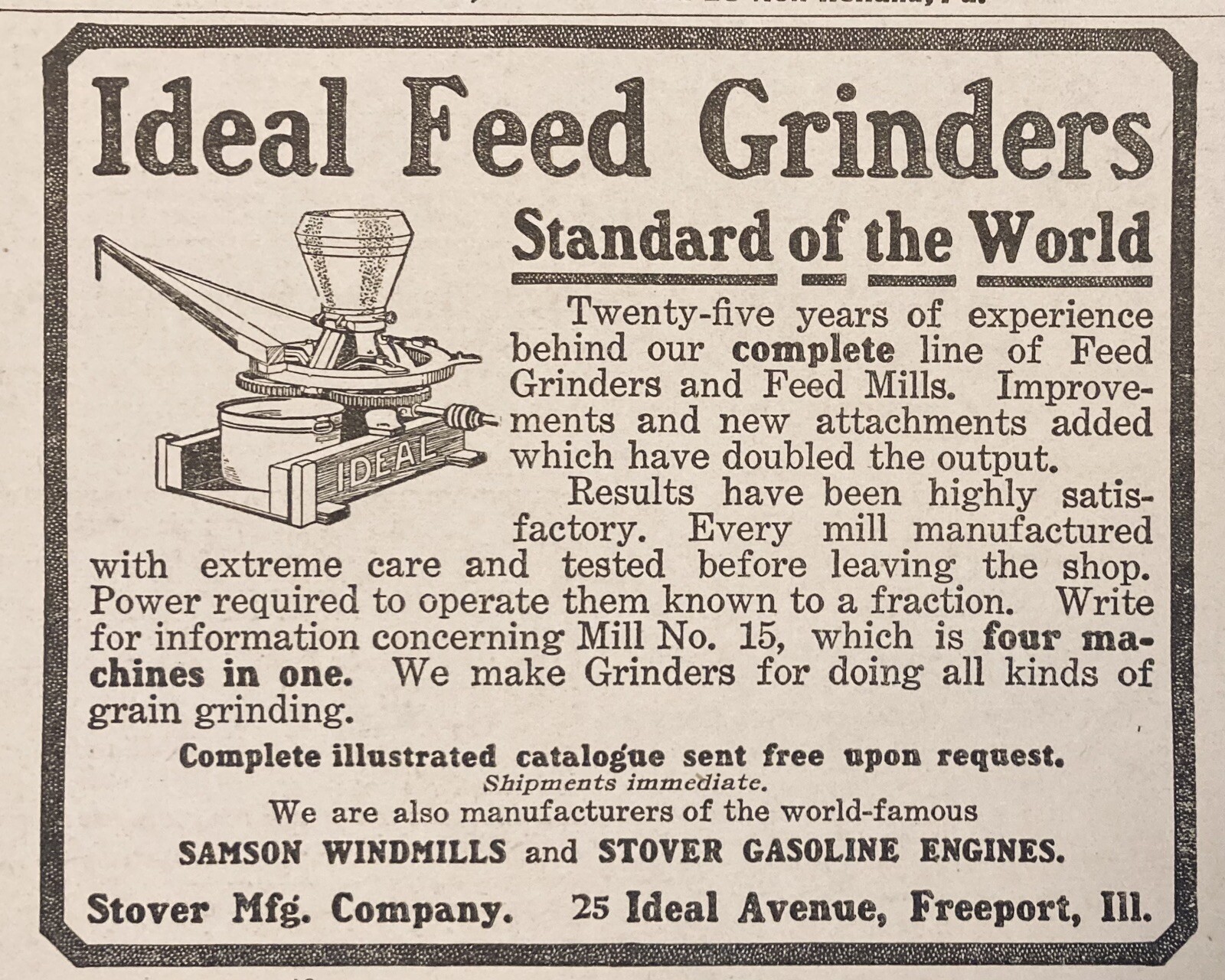 1909 AD.(XH13)~STOVER MFG. CO. FREEPORT, ILL. IDEAL FEED GRINDERS