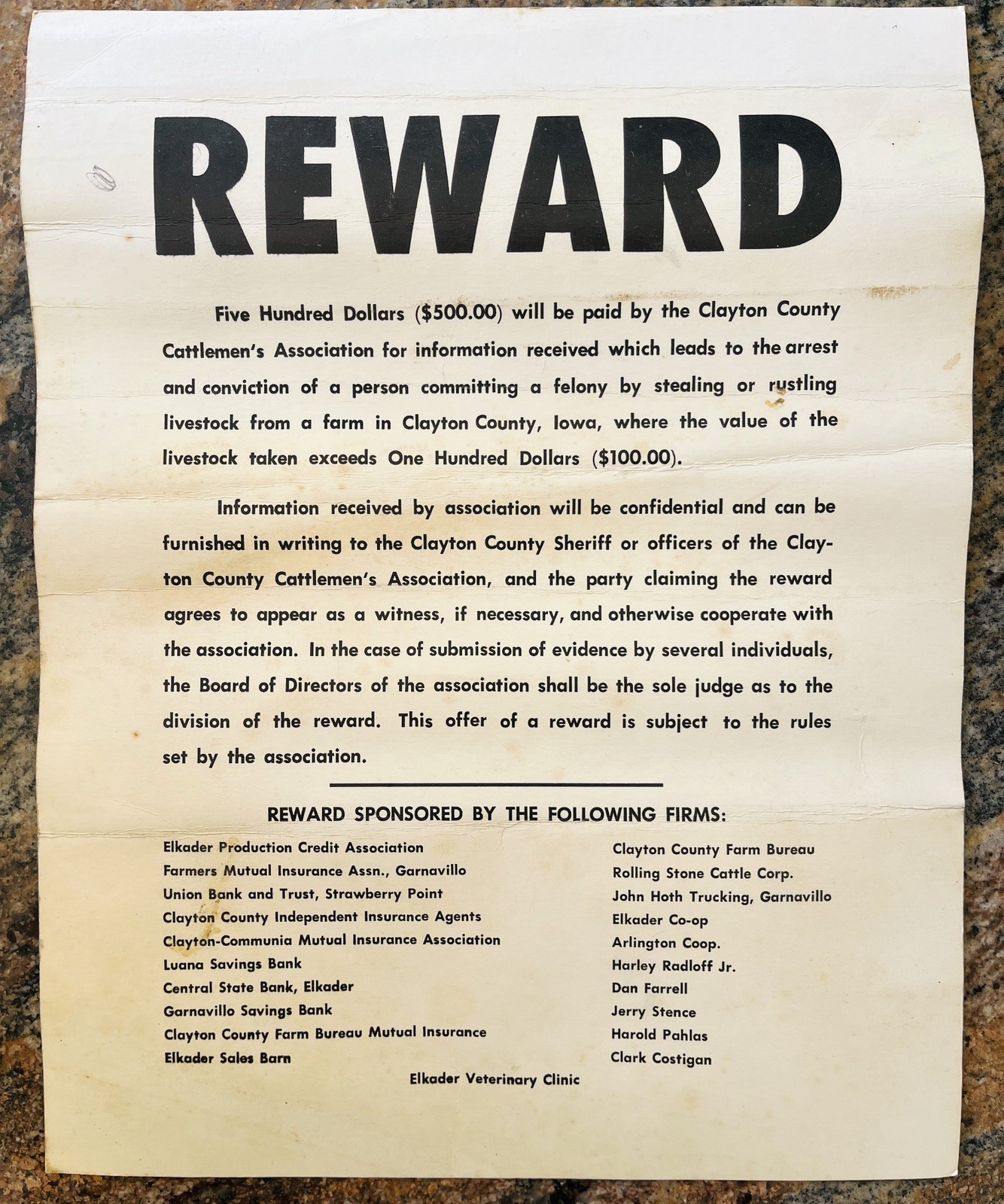 VTG 70’s CLAYTON CTNY CATTLEMANS ASSOC REWARD POSTER RUSTLING ELKADER VETERINARY