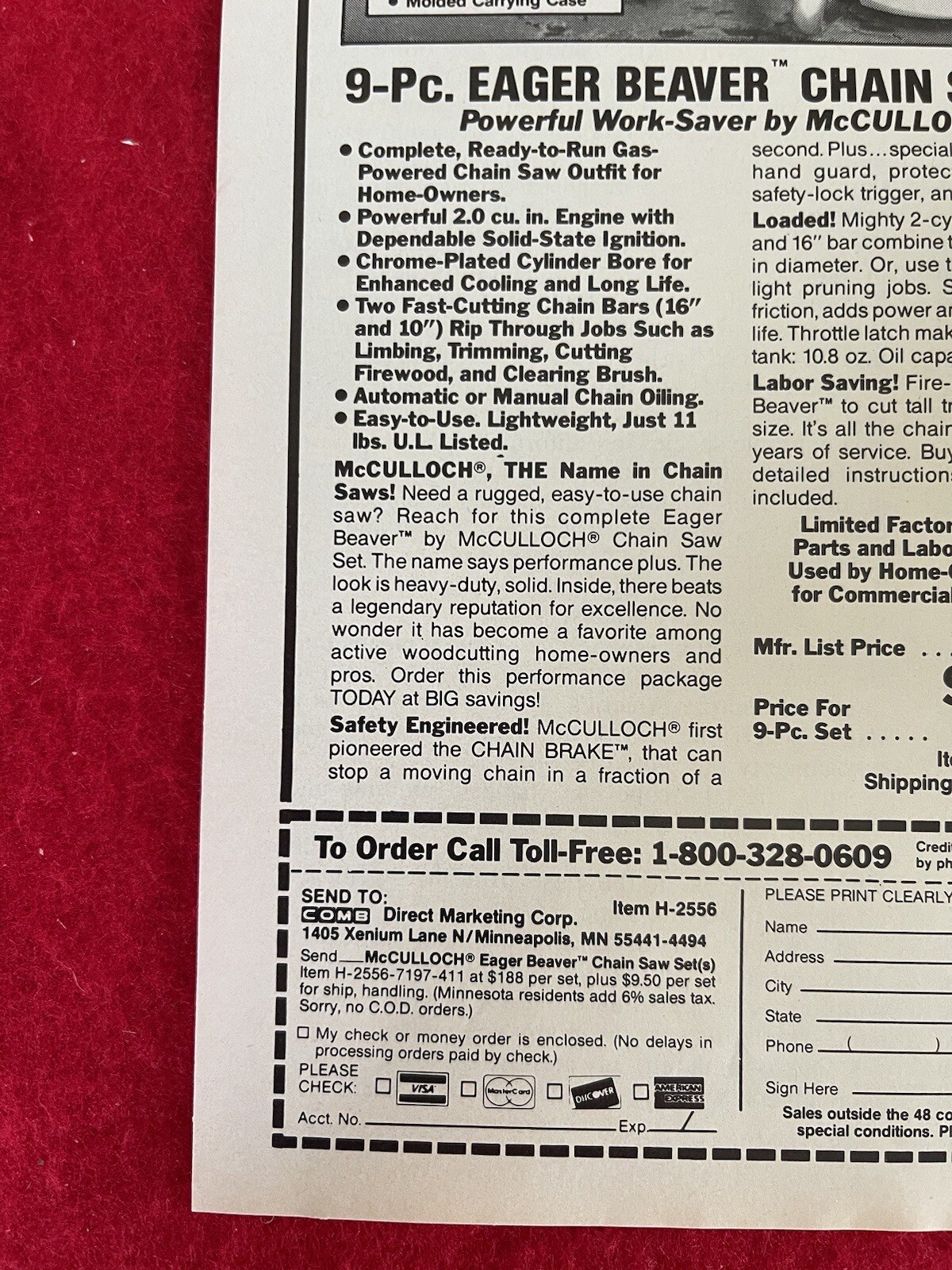 Vintage 1987 Eager Beaver Chainsaw Mc Culloch Print Ad – Ad Only