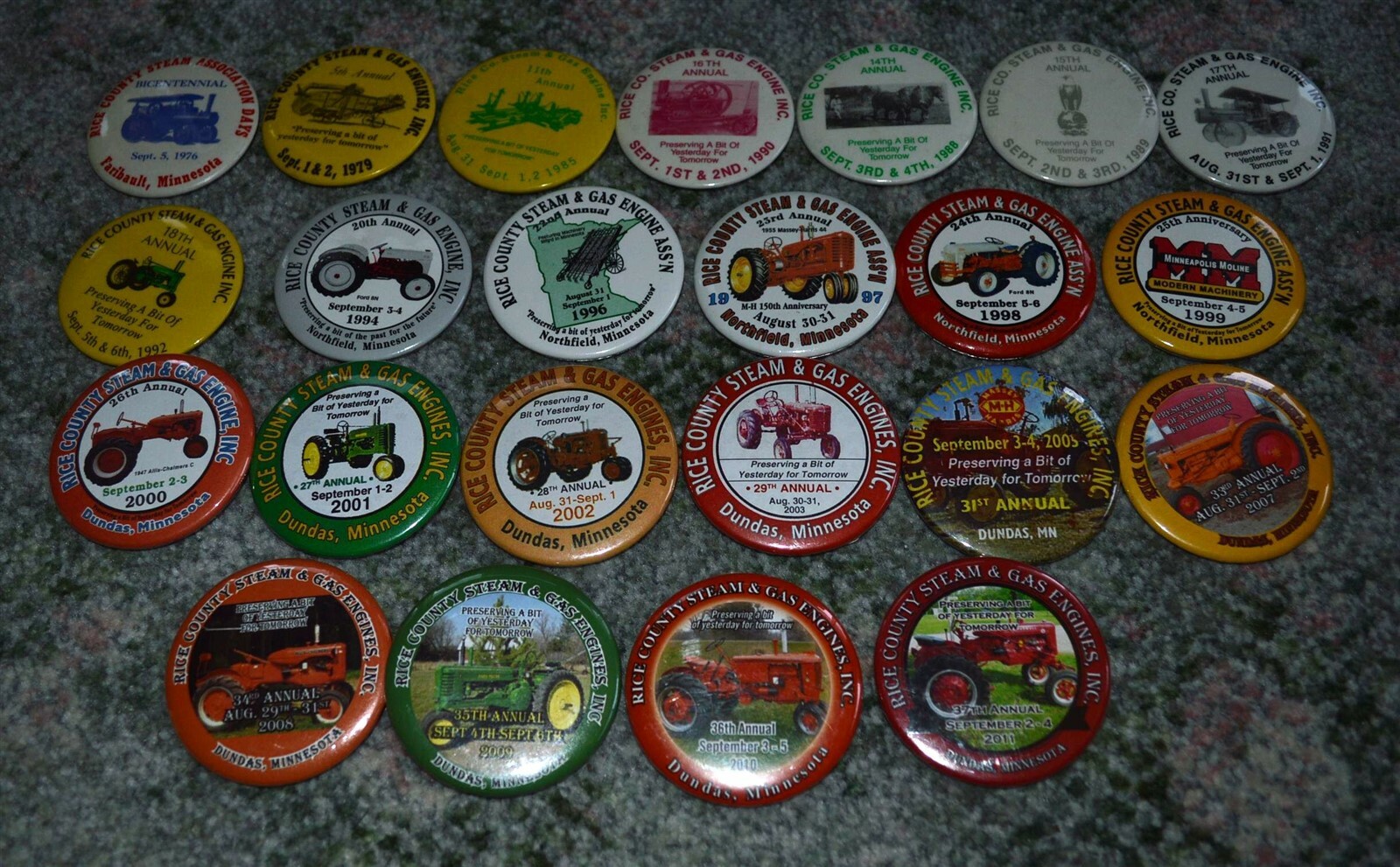 23 different Rice County Steam & Gas Engines Tractor Buttons 1976-2011