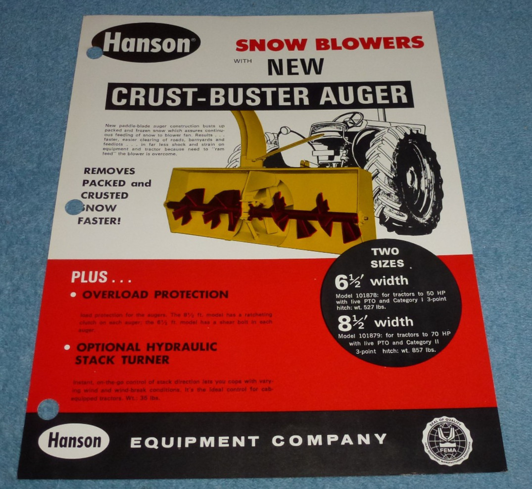 Vintage 1972 Hanson Equipment Co Snow Blowers With Crust-Buster Auger Brochure