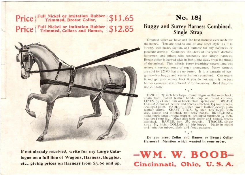 1890’s Wm. W. Boob, Mfg of Wheels, Gears, Buggies/Flyers, Add Sheets, Catalog 17