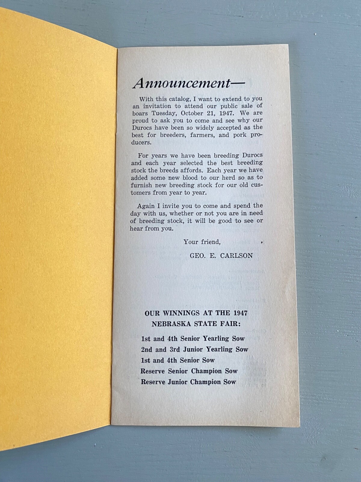 Vintage Durocs Boar Hogs Pigs Sale Catalog Book Saronville Nebraska 1947 Farm Ag
