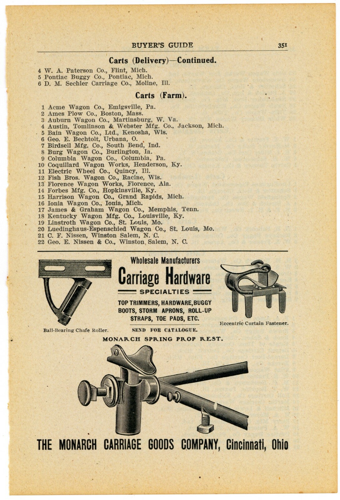 1905 Monarch Carriage Goods Co. Ad: Carriage Hardware – Cincinnati, OhiO