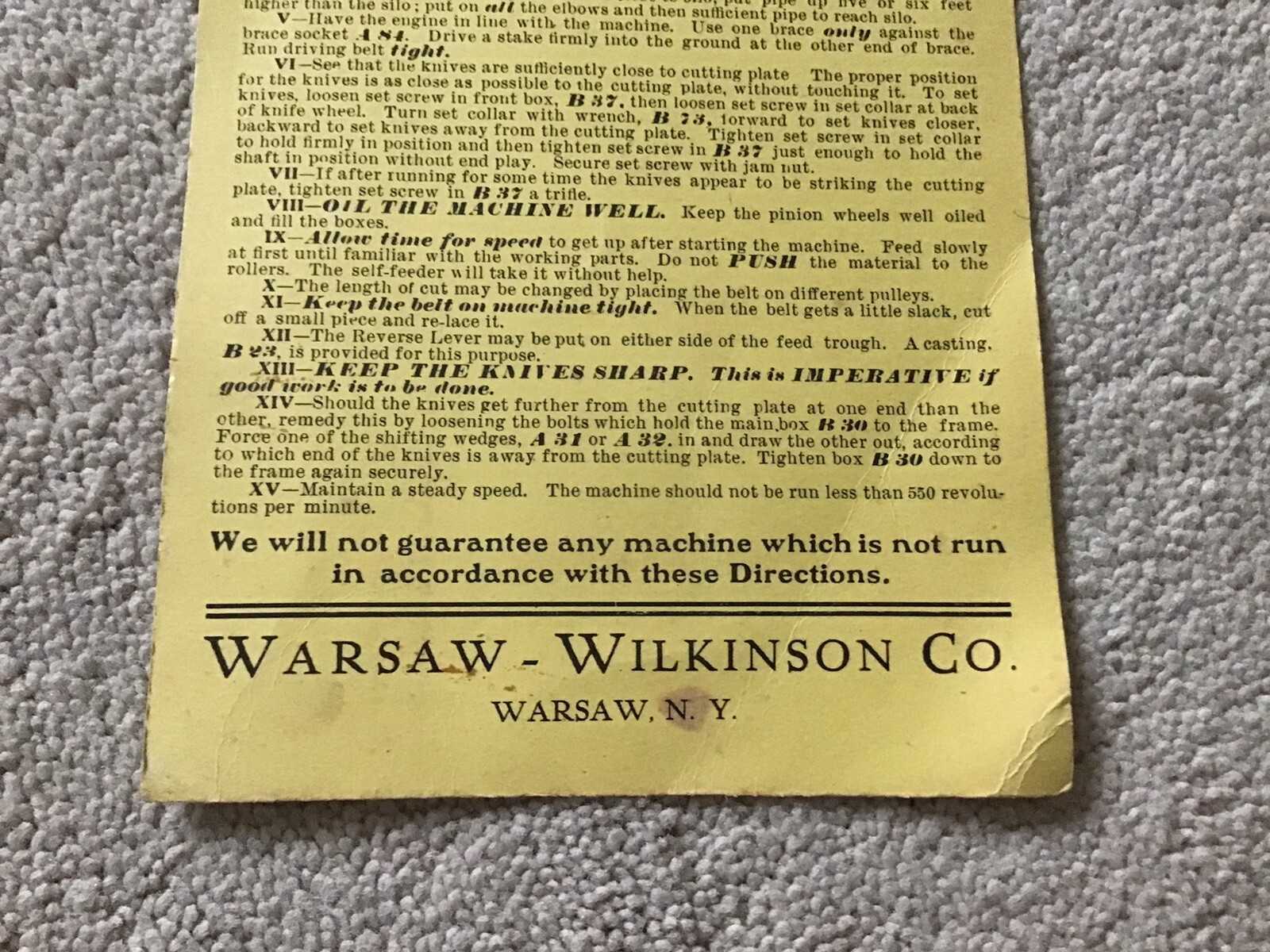 Vintage Cardboard Directions For Climax “B” Warsaw-Wilkinson Ensilage Cutters